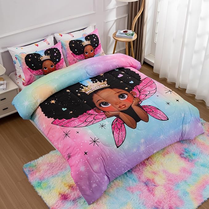 A Nice Night Black Girl Princess with Wings Comforter Set,Pink Gradient Glitter Rainbow Galaxy 6pcs Kids Bedding Set,Twin - LeafyLoom