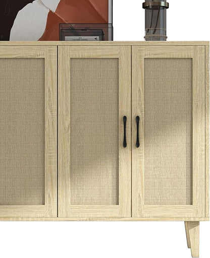 Panana Buffet Storage Cabinet with Rattan Decorating 4 Doors Living Room Kitchen Sideboard 48.43 x 34.65 x 15 inch (Natural Wood) - LeafyLoom