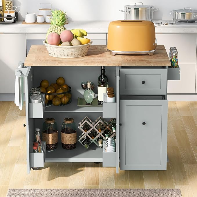 Kitchen Island with Drop Leaf,53.9" W Rolling Mobile Kitchen Cart W/Storage Rack,3 Tier Pull Out Cabinet Organizer,Spice-Rack&Towel-Rack,for Dining Room,Home Bar,Grey Blue - LeafyLoom