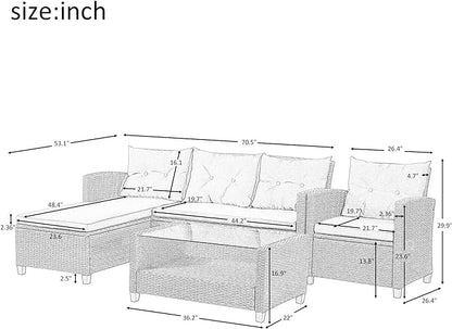 Outdoor Patio Furniture Sets, 4 Piece Rattan Conversation Sofa Wicker Sectional Couch with Chaise Lounge, Single Sofachair, Seat Cushions and Glass Table, for Garden Backyard Deck, Beige - LeafyLoom