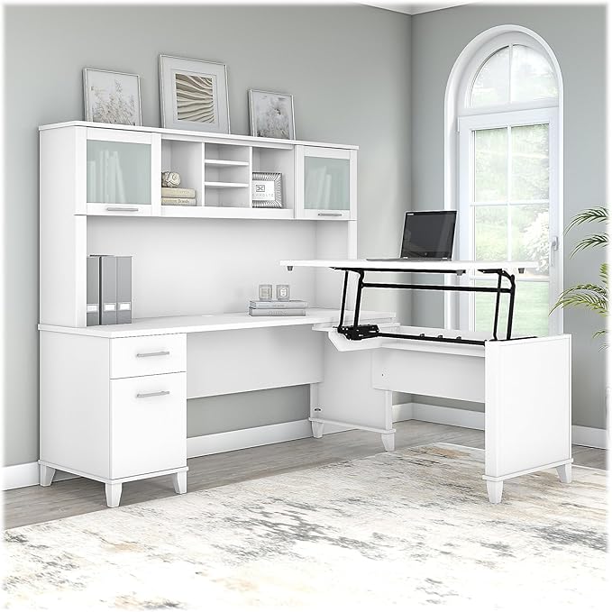 Bush SET015WH Somerset 35-Inch -41-Inch Adjustable Desk with Hutch, White - LeafyLoom