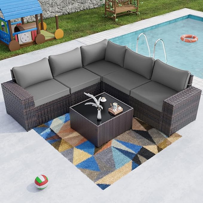 Kullavik 6PCS Outdoor Patio Furniture Set PE Wicker Rattan Sectional Sofa Patio Conversation Sets,Grey - LeafyLoom