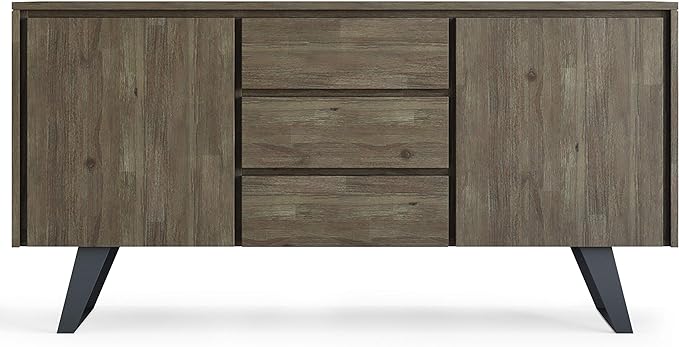 SIMPLIHOME Lowry SOLID ACACIA WOOD and Metal 60 Inch Wide Rectangle Modern Industrial Sideboard Buffet in Distressed Grey, For the Dining Room and Kitchen - LeafyLoom