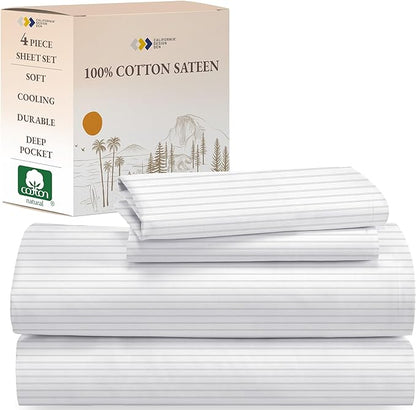 California Design Den King Bed Sheets Stripe Set, 100% Cotton 4 Pc Deep Pocket King Sheets & Pillowcase Set - Classic Stripe - LeafyLoom