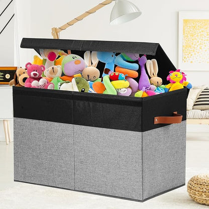 Large Toy Storage Box with Lid, Sturdy Toys Storage Chest Bin Organizer Basket with Dividers for Kids, Boys, Girls, Nursery, Closet, Bedroom, Playroom 25"x13" x16" (Black and Grey) - LeafyLoom