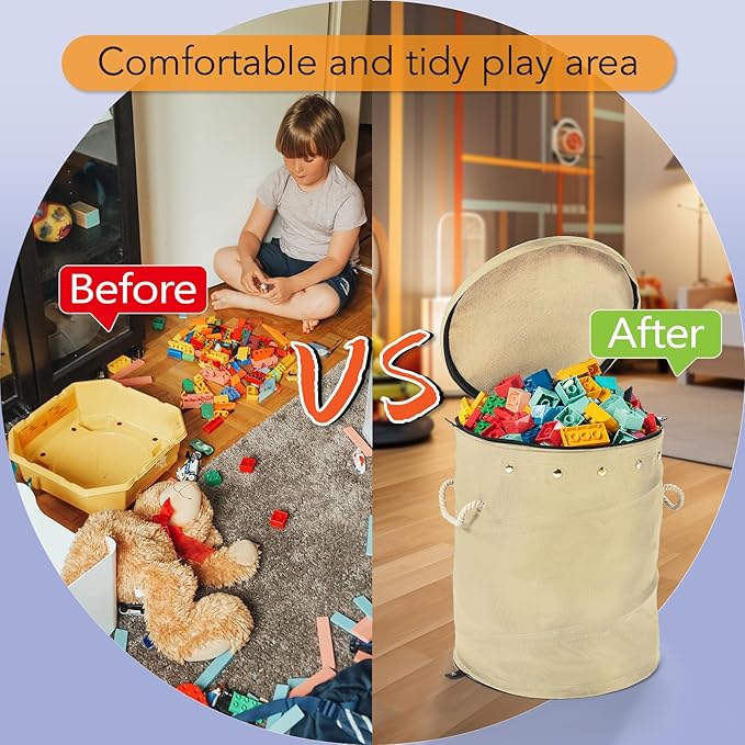 Toy Storage Basket + Play Mat for Kids Toy Chest Organizer Kids Toy Storage Organizer Foldable Big Storage Bins with Lids Large Toy Box for Boys Girls Toy Holders for Kids Rooms Nursery(Beige) - LeafyLoom