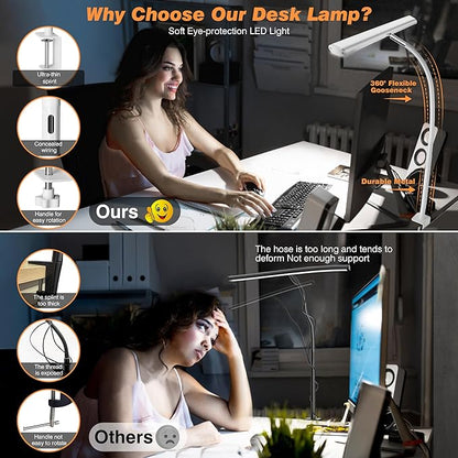 LED Desk Lamp for Office Home, Eye-Caring Desk Light with Stepless Dimming Adjustable Flexible Gooseneck, 10W USB Adapter Desk Lamp with Clamp for Reading, Study, Workbench (White) - LeafyLoom