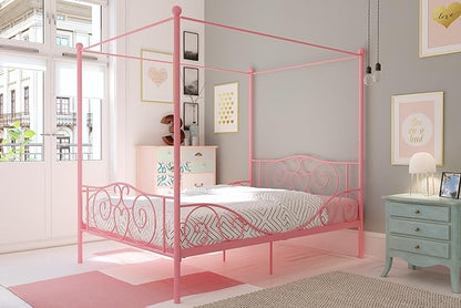 DHP Metal Canopy Kids Platform Bed with Four Poster Design, Scrollwork Headboard and Footboard, Underbed Storage Space, No Box Sring Needed, Full, Pink - LeafyLoom