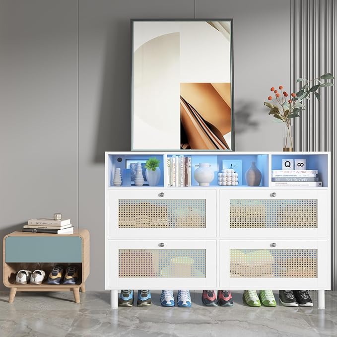 Sideboard Buffet Cabinet, Kitchen Storage Cabinet with Power Outlet & Led Lights, Accent Cabinet with 4 Rattan Doors, White - LeafyLoom