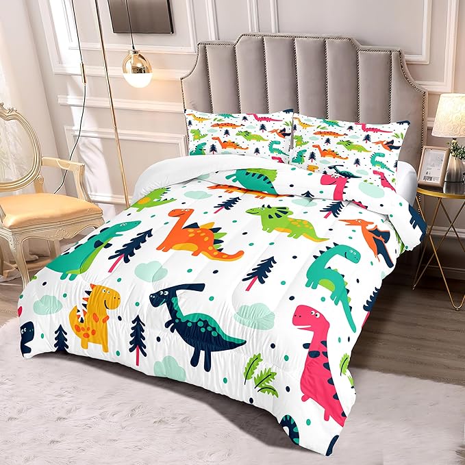 Dinosaurs Kids Comforter Bedding Set 3 PCS Super Soft Breathable Print Kids Bedding Sets for Boys Girls, Machine Washable Durable Comforter Set with Comforter and 2 Pillowcases (Twin, Dinosaur) - LeafyLoom