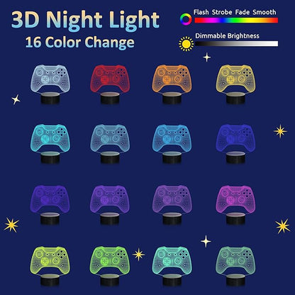 Attivolife Gamepad 3D Illusion Lamp, Controller Night Light with Remote Control + Timer 16 Color Changing Desk Lamp Kids Gamer Room Decor Plug in Best Cool Festival Birthday Gift for Boy Men - LeafyLoom