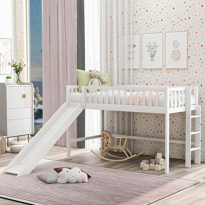 Merax Twin Size Junior Wood Loft Bed with Slide Loft Bunk Bed for Girls Boys,No Box Spring Needed,White - LeafyLoom