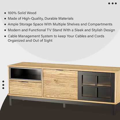 Home Wood Modern TV Stand for 55 60-inch TV with Doors - Entertainment Center with Storage Cabinets - TV Console, Media Console for Living Room -Light Wood and Black Console for Living Room or Bedroom - LeafyLoom