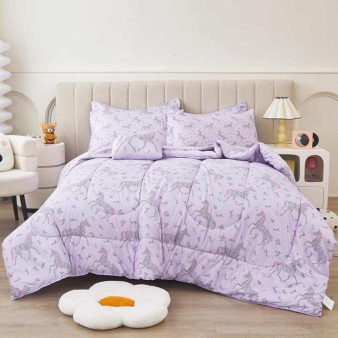 Mooreeke Full Size Comforter Sets for Girls Kids, 8 Pieces Bed in a Bag Purple Floral Unicorn Bedding Comforter Sheet Set with Shams and Decorative Toy Pillow, Ultral Soft Microfiber Kids Bed Set - LeafyLoom