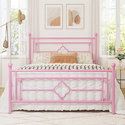 Allewie Queen Size Metal Platform Bed Frame with Victorian Vintage Headboard and Footboard/Mattress Foundation/Under Bed Storage/No Box Spring Needed/Noise-Free/Easy Assembly, Pink - LeafyLoom