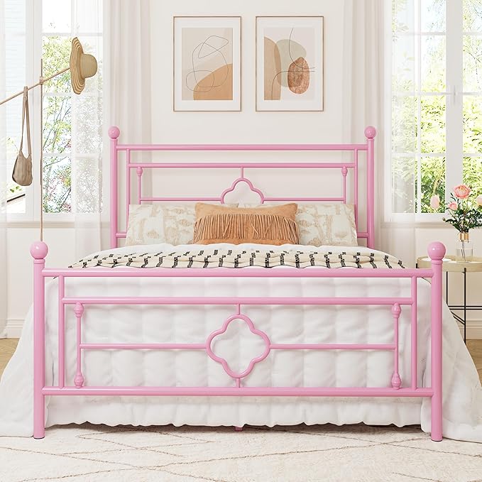 Allewie Full Size Metal Platform Bed Frame with Victorian Vintage Headboard and Footboard/Mattress Foundation/Under Bed Storage/No Box Spring Needed/Noise-Free/Easy Assembly, Pink - LeafyLoom