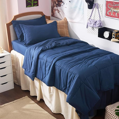 Bedsure Navy Twin XL Comforter Set - 5 Pieces Solid Twin XL Bed in a Bag for College, Twin XL Bed Set with Comforters, Sheets, Pillowcase & Sham, Extra Long Twin Comforter Set - LeafyLoom