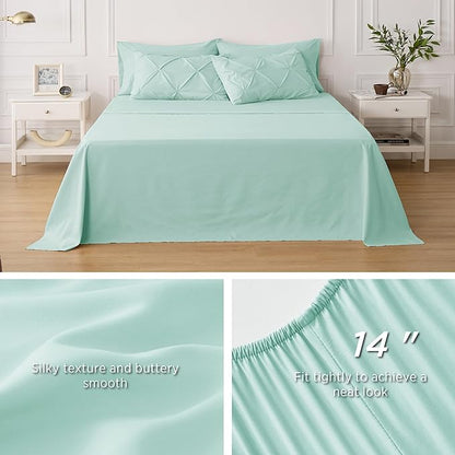 Bedsure Mint Green King Size Comforter Set - Bedding Set King 7 Pieces, Pintuck Bed in a Bag Green Bed Set with Comforter, Sheets, Pillowcases & Shams - LeafyLoom