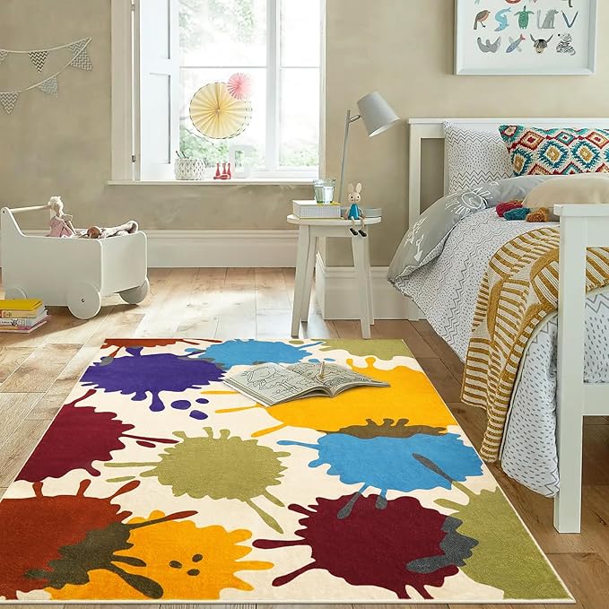 Colorful Area Rug, 5'x7' Classroom Rug for Kids, Paint Splash Washable Rug for Playroom, Non-Slip Rainbow Nursery Rug Soft Living Room Carpet for Bedroom Dining Room Kids Room - LeafyLoom