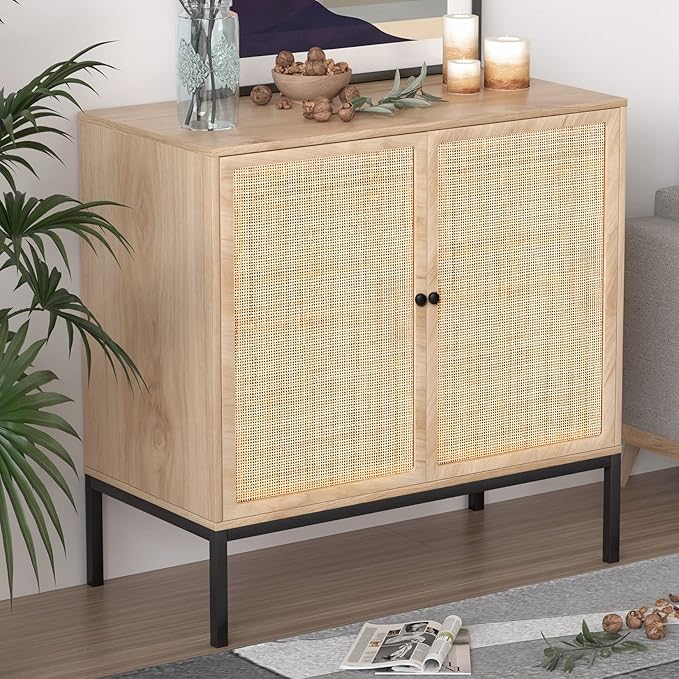 XIAO WEI Sideboard with Handmade Natural Rattan Doors, Rattan Cabinet Console Table Storage Cabinet Buffet Cabinet, for Kitchen, Living Room, Hallway, Entryway, Natural - LeafyLoom