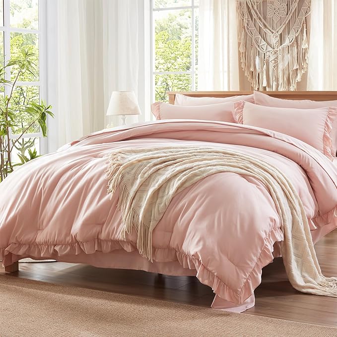 Anluoer Twin Comforter Set 5 Piece, Pink Bed in a Bag with Sheets, All Season Ruffle Shabby Chic Bedding Sets with 1 Comforter, 1 Pillow Sham, 1 Pillowcase, 1 Flat Sheet, 1 Fitted Sheet - LeafyLoom