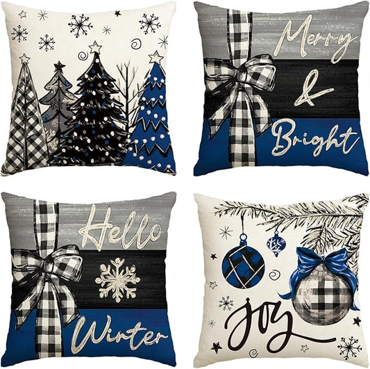 AVOIN colorlife Merry Christmas Joy Xmas Trees Blue and Black Throw Pillow Covers, 20 x 20 Inch Christmas Winter Holiday Cushion Case Decoration for Sofa Couch Set of 4 AVOINcolorlife