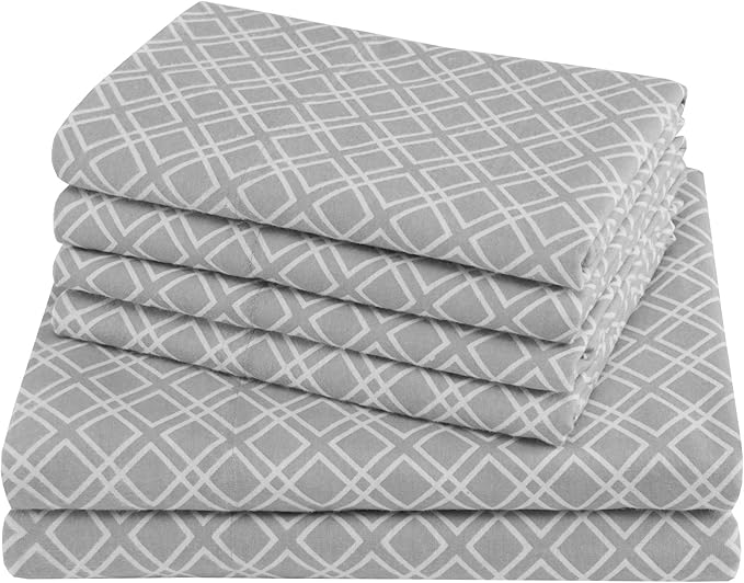 Comfort Spaces Cotton Flannel Breathable Warm Deep Pocket Sheets with Pillow Case Bedding, Full, Grey Geo 4 Piece - LeafyLoom