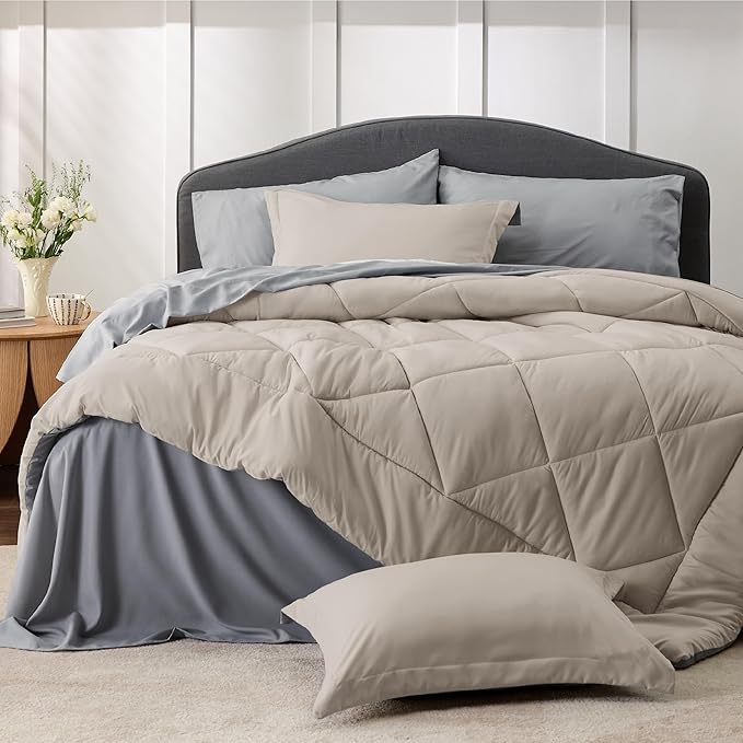 Bedsure Beige Full Comforter Set - 7 Pieces Reversible Bed Set Bed in a Bag Full with Comforters, Sheets, Pillowcases & Shams, Full Bedding Sets - LeafyLoom