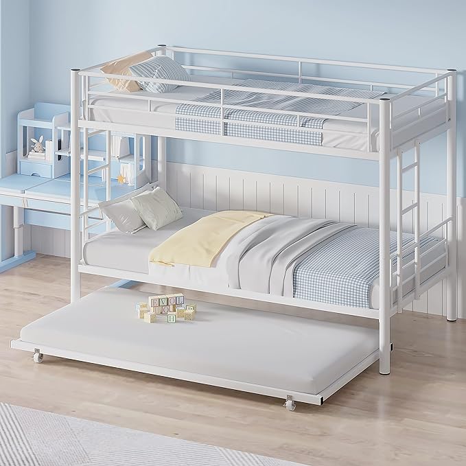 VECELO Twin Over Twin Bunk Bed with Trundle, Metal Bunkbeds with Ladder and Full-Length Guardrail, Noise Free, No Box Spring Needed, Off White - LeafyLoom