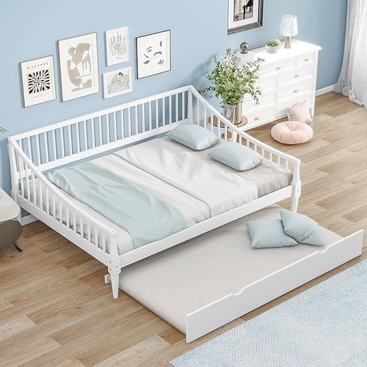 Full Size Daybed with Hideaway Trundle and Support Legs,Multi-functional Wood Bed Frame,W/Rails Three Sides,Easy to Assemble,for Bedroom,Living Room,Apartment,White - LeafyLoom