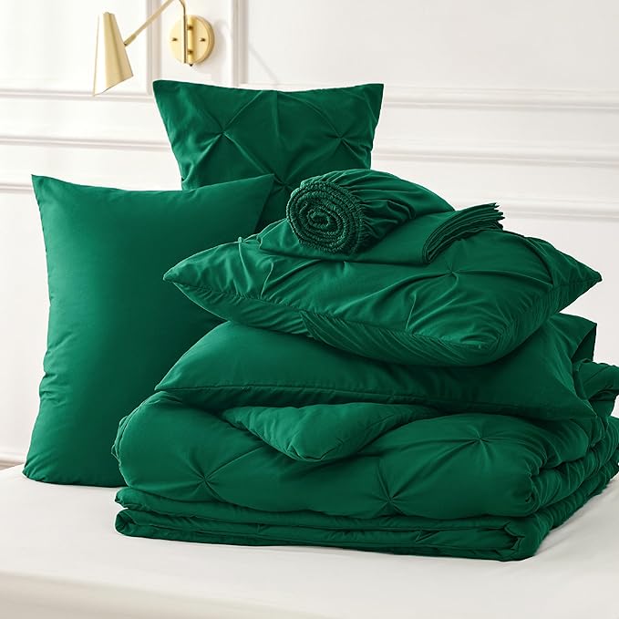 Bedsure California King Comforter Set - Cal King Bed Set 7 Pieces, Pinch Pleat Dark Green Cali King Bedding Set with Comforter, Sheets, Pillowcases & Shams - LeafyLoom