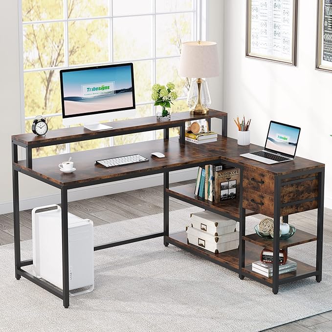 Reversible L-Shaped Computer Desk with hutch & Shelf,rustic - LeafyLoom