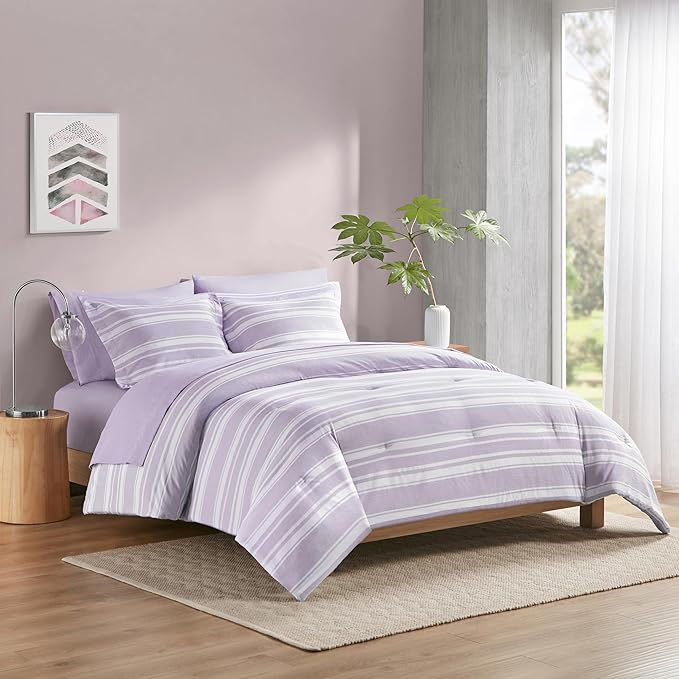 Codi Full Comforter Set 7 Piece, Lavender Purple Striped Bed in a Bag Reversible for All Seasons, Cationic Dyeing Bedding Sets with Comforter, Sheets, Pillowcases & Shams - LeafyLoom