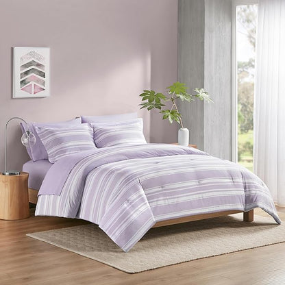 Codi Bed in a Bag Twin Size Complete Set, Lavender Purple Striped Single Comforter Set 5 Piece for Teen, Modern Neutral Cationic Dyeing Bed Sets with Comforter, Sheets, Pillowcases & Shams - LeafyLoom