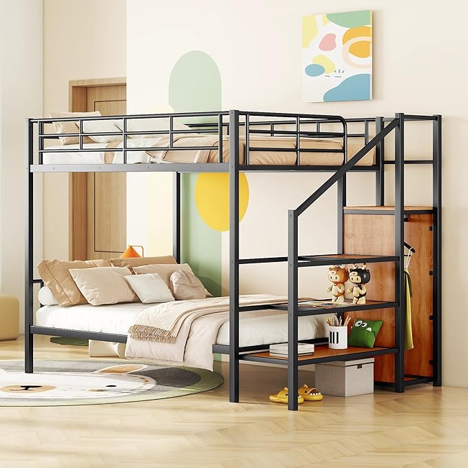 Full Over Full Metal Bunk Bed Frame with Lateral Storage Ladder & Wardrobe,Heavy-Duty Steel Frame Bunk Bed with Safety Guard Rails, for Kids Teens Adults, No Box Spring Needed - LeafyLoom