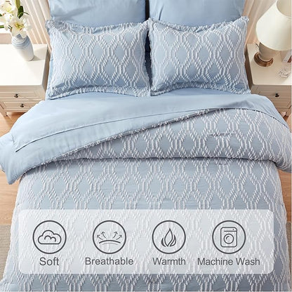 EMME Twin Comforter Set - 5 Pcs Blue Boho Bedding Sets, Twin Size Tufted Comforter with Sheets, Shabby Chic Embroidery Bed Set Fluffy Bed Bag for All Season(68"X90") - LeafyLoom