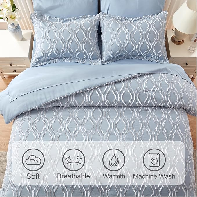 EMME Queen Comforter Set - 7 Pcs Blue Boho Bedding Sets, Full Size Tufted Comforter with Sheets, Shabby Chic Embroidery Queen Bed Set Fluffy Bed Bag for All Season(90"X90") - LeafyLoom