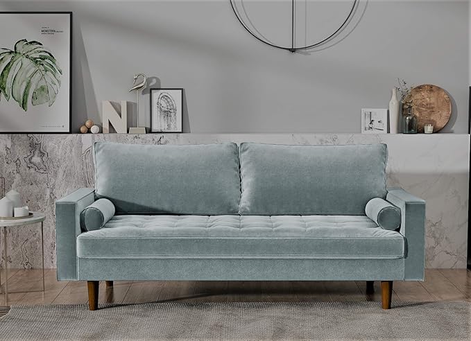 Womble Velvet Upholstered Living Room Diamond Tufted Chesterfield Sofa with Gleaming Nailheads, Steel Blue - LeafyLoom