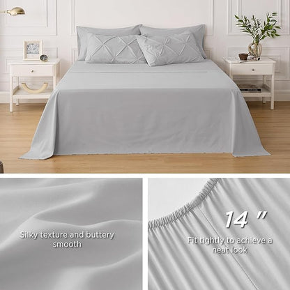 Bedsure California King Comforter Set Light Grey - Cal King Bed Set 7 Pieces, Pinch Pleat Cali King Bedding Set with Comforter, Sheets, Pillowcases & Shams - LeafyLoom