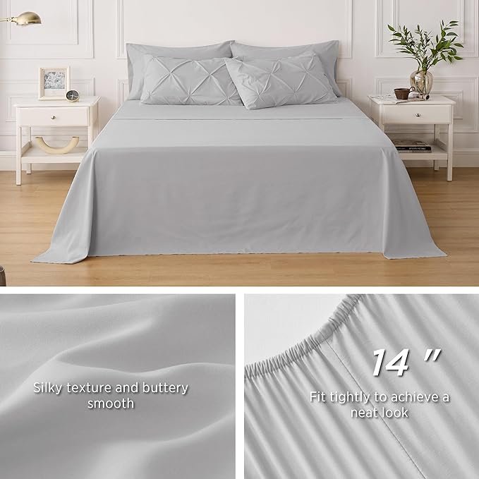 Bedsure Twin Comforter Set with Sheets - 5 Pieces Twin Bedding Sets, Pinch Pleat Light Grey Twin Bed in a Bag with Comforter, Sheets, Pillowcase & Sham - LeafyLoom