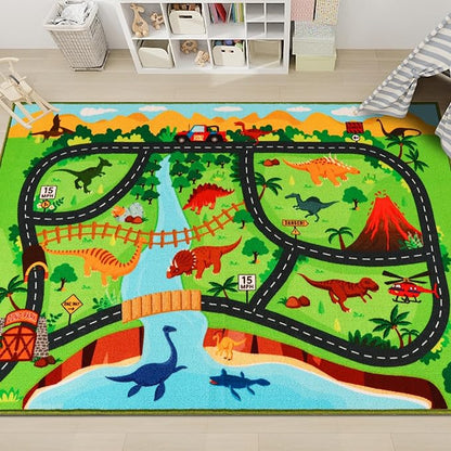 Kids Carpet Playmat Rug,59"X39.4" Dinosaur Car Rugs for Kids Toy Cars,Non Slip Dino Safari Road Map Kids Rug for Playroom Bedroom Boys,Kids Play Mat Road Rug,Track Rug Car Play Carpet for Kids - LeafyLoom