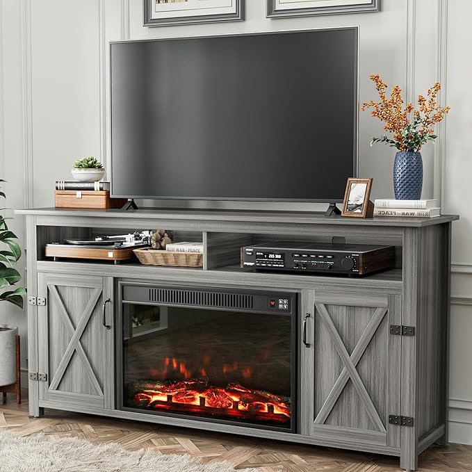 YESHOMY Fireplace TV Stand for Television up to 65+ Inch with Storage and Farmhouse Barn Doors, Entertainment Center with Cabinet and Shelves, Media Console for Living Room, Gray Wash - LeafyLoom