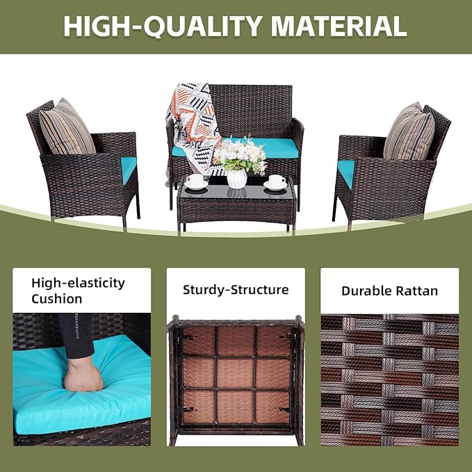 Patio Furniture Set,4 Piece Garden Conversation Set, Outdoor Wicker Rattan Table and Chairs, Black Patio Set, Sectional Sofa with Thick Cushion for Garden, Yard, or Porch (Brown/Blue) - LeafyLoom