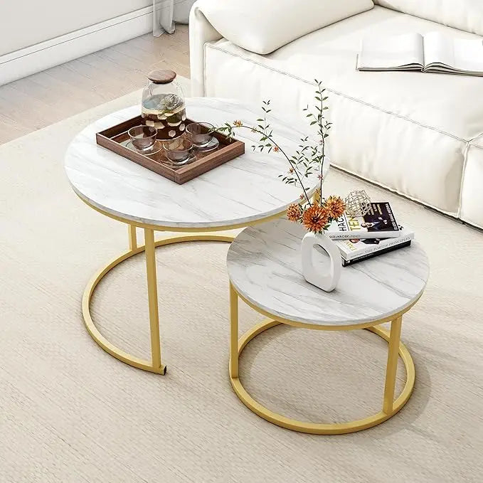 Round Coffee Table Set of 2 End Tables for Living Room,Circular and Marble Nesting Coffee Table Wooden Accent Furniture with Golden Metal Frame,Stacking Side Tables,White - LeafyLoom