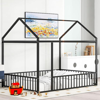 RITSU Full Size Montessori Floor Bed, Metal House Bedframe with Fence, Robust Construction is Used, for Children'S Rooms, Boys Girls, No Box Spring Needed, Easy Assembly, Black - LeafyLoom