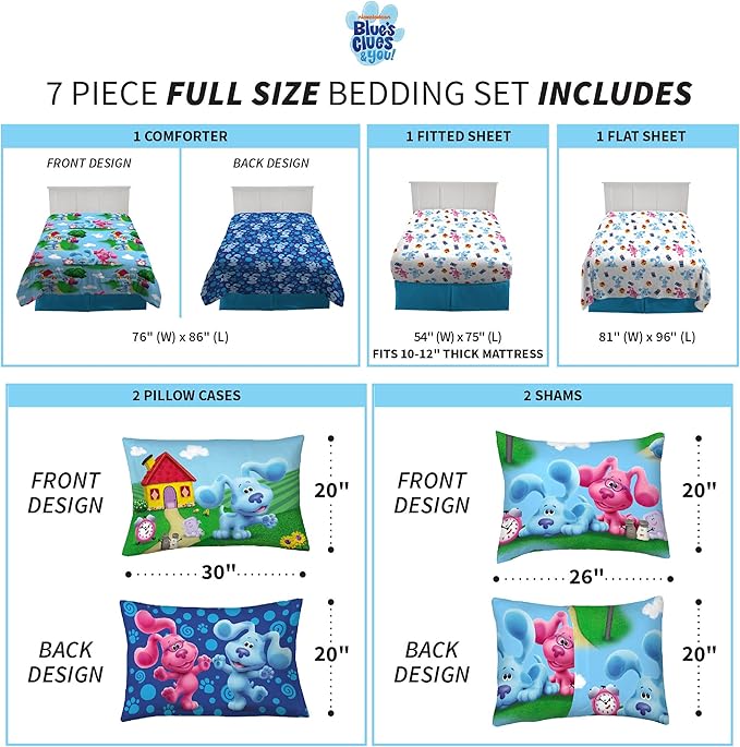 Franco Kids Bedding Super Soft Comforter and Sheet Set with Sham, 7 Piece Full Size, Blues Clues - LeafyLoom