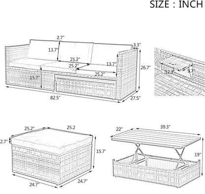 Modular Rattan Outdoor Sectional Furniture, Wicker Conversation Patio Sets with Plywood Coffee Table and Lounger Sofa for Backyard, Dc-Dark Gray - LeafyLoom