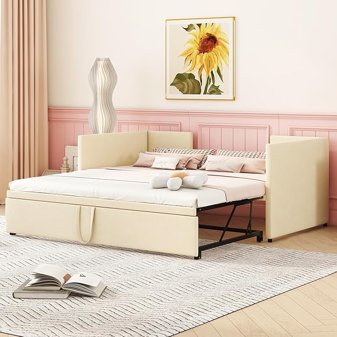 Bellemave Twin Size Upholstered Daybed with Pop up Trundle,Velvet Twin Daybed Frame,Twin to King Daybed,Day bed with Trundle Bed Twin,Tufted Sofa Bed Daybed,Bedroom,Living Room,Guest Room(Beige) - LeafyLoom