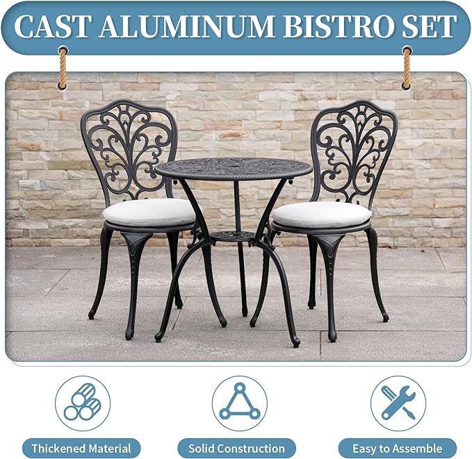 3 Piece Bistro Patio Set Cast Aluminum Bistro Table and Chairs Set of 2 with Cushion,Outdoor Bistro Table Set with Umbrella Hole,Metal Patio Furniture Set for Garden,Black - LeafyLoom