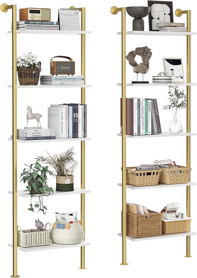 5-Tier Bookshelf Solid Wood Ladder Shelf, Narrow Book shelf Set of 2, Wooden Ladder Shelf Bookcase, Wall Mount Ladder Shelf, Storage Rack for Living Room, Bedroom, Bathroom, White and Gold - LeafyLoom